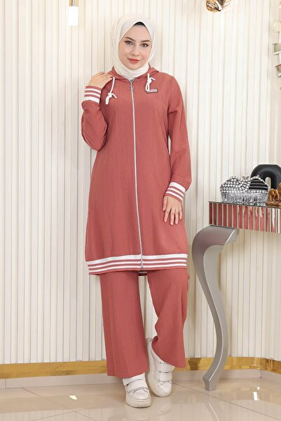 Modamihram Zippered Ribbed Set Dried Rose 10405