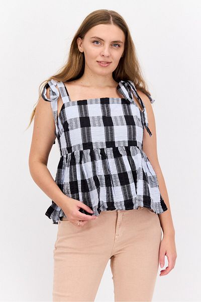 Asos Design بلوزة نسائية منقوشة بأكمام مربعة ورقبة دائرية، مجموعة باللون الأسود