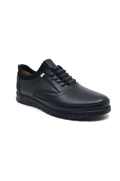 Afilli Men's Black Genuine Leather Ornamental Laced Orthopedic Thick High Sole Comfortable Daily Sports Dad Shoes