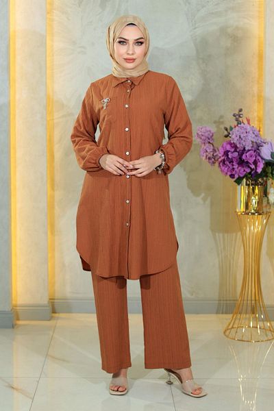 Modamihram Buttoned Brooš Detailed Suit Tan 19178