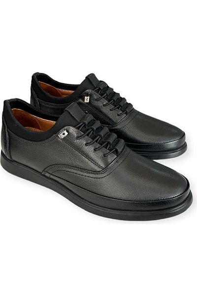 Afilli Men's Black Genuine Leather Ornamental Laced Orthopedic Thick High Sole Comfortable Daily Sports Dad Shoes
