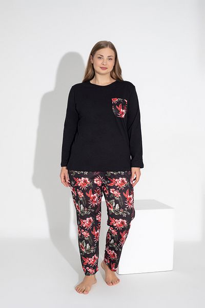 ModaLeaf Set pijama neagră cu mânecă lungă cu motive florale 115