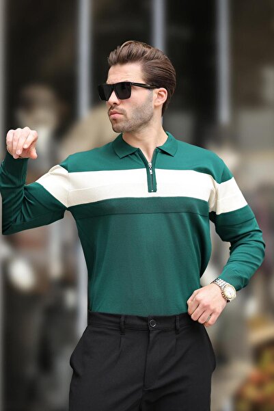 Madmext Πράσινο μακρυμάνικο πουλόβερ με ριγέ γιακά πόλο με φερμουάρ E7288