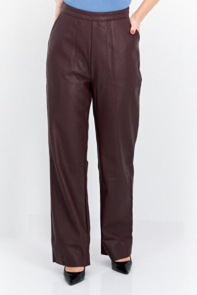 Sage The Label Women Regular Fit Plain Wide Leg Leather Pants, Burgundy