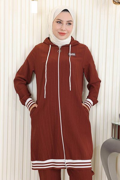 Modamihram Zippered Ribbed Suit Brown 10405