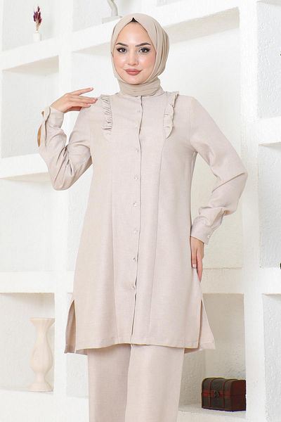 Modamihram Beige Set 19224 - Ruffle Detailed