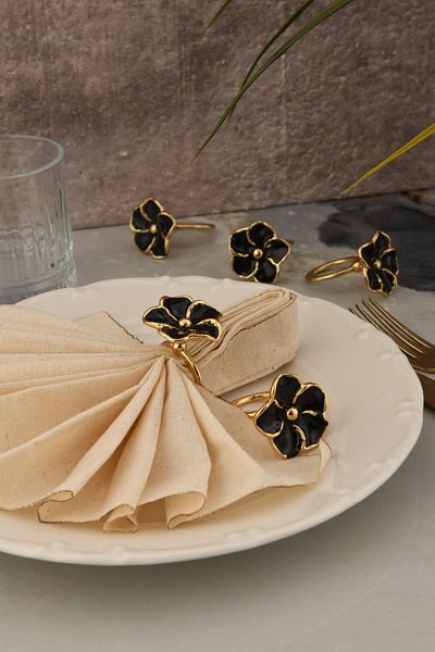 TR Turan Collection FLOWER 6 τμχ Χρυσό πολυτελές δαχτυλίδι χαρτοπετσέτας, μαύρο μεμβράνη δαχτυλίδι χαρτοπετσέτας