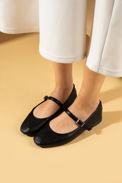 Pembe Potin Women's Mary Jane Black Helmet Oval Toe Daily Comfortable Sole Ballerina Shoes