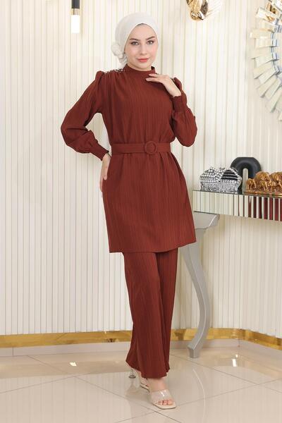 Modamihram Stone Detailed Belted Suit Brown 19104