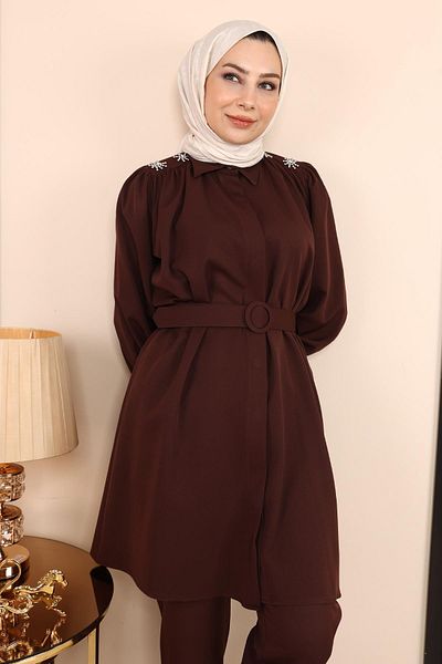 Modamihram Pearl Detailed Suit Brown 19130