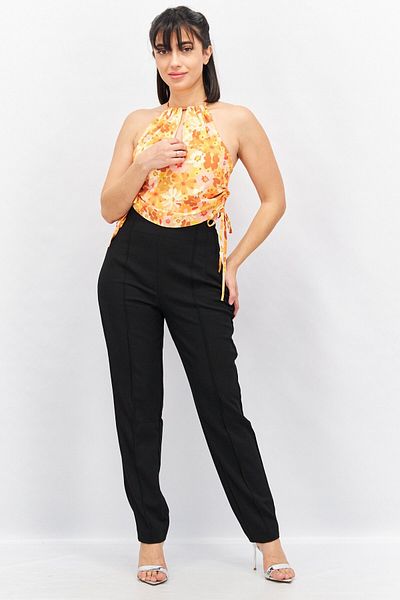 Asos Design Women Tie Neck Sleeveless Floral Print Crop Top, Orange Combo