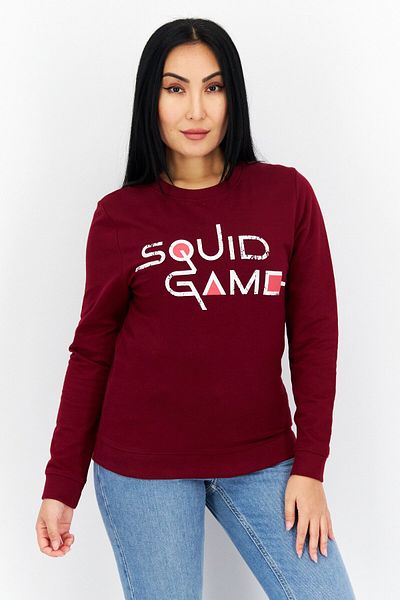 Netflix Women Crew Neck Squid Game Long Sleeves Sweatshirt, Maroon