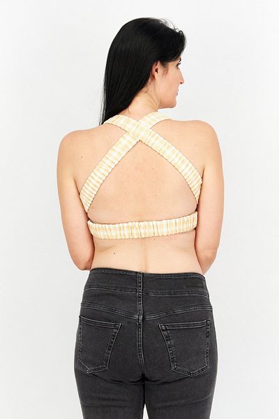 Asos Design Women Halter Neck Sleeveless Gingham Printed Bralette Top, Tan Combo