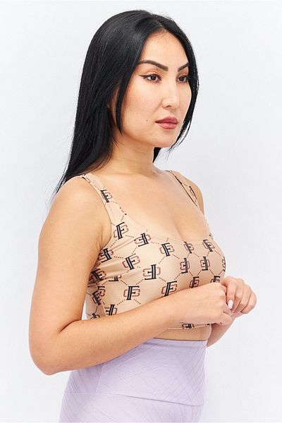 Flounce Club Women Round Neck Sleeveless Allover Print Crop Top, Brown