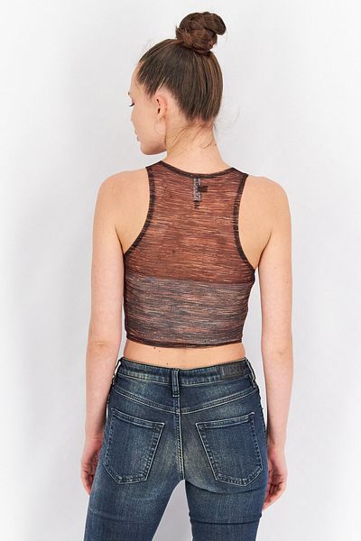 Motel Women Split Neck Sleeveless Mesh Crop Top, Brown