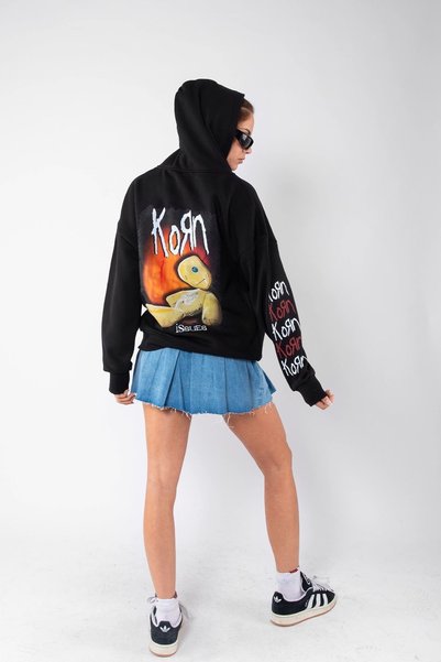 Bak Moda Korn Baskılı Oversize Unisex Siyah Hoodie