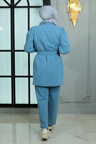 Modamihram Комплект дънки със скъпоценни камъни яка и рамо Светлосин 19186