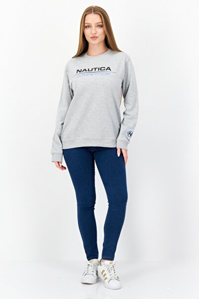 Nautica Women Crew Neck Long Sleeve Brand Logo Sweatshirt, Grey Marl