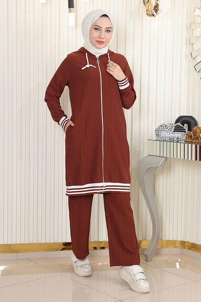 Modamihram Zippered Ribbed Suit Brown 10405