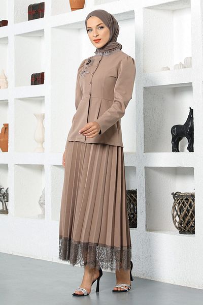 Modamihram Lace Detailed Skirt Suit Mink 17100