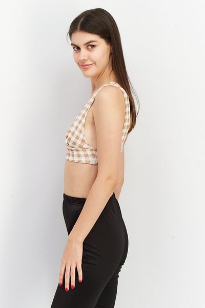 Asos Design Women Plunging Neck Sleeveless Checkered Crop Top, Brown