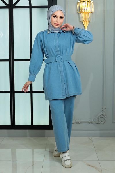 Modamihram Jeans Set with Jewelled Collar and Shoulder Light Blue 19186