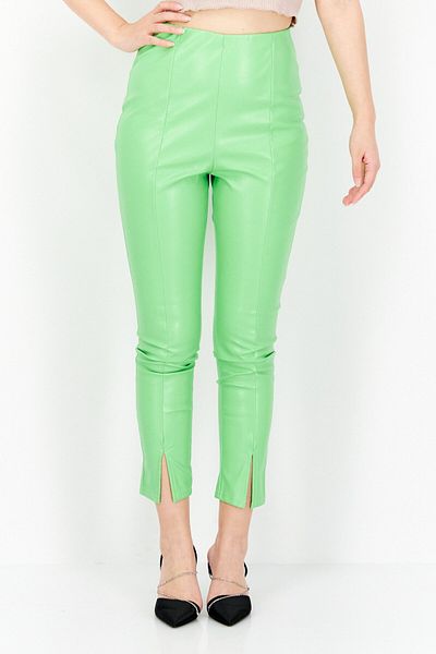 I Saw It First Women Solid Faux Leather Pants, Lime Green
