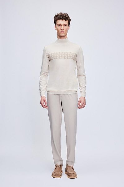 Hatemoğlu Beige Regular Fit Jacquard Half Turtleneck Wool Knitwear Sweater