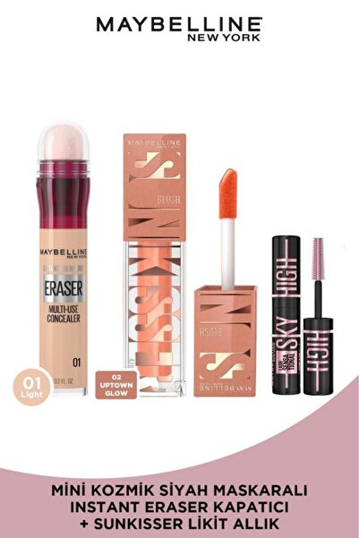 Maybelline New York Instant Anti Age Eraser Kapatıcı 01 & Sunkisser Işıltılı Likit Allık 02 Uptown Glow & Mini Maskara