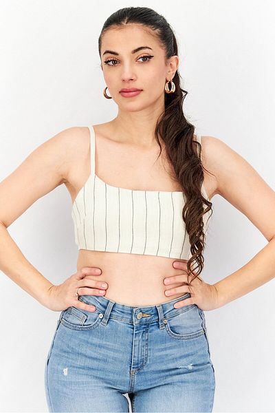 Asos Design Women Square Neck Sleeveless Stripe Cropped Top, Beige