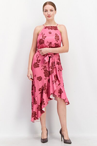 Style Cheat فستان نسائي كاجوال متوسط الطول بحزام وطبعات أزهار، وردي