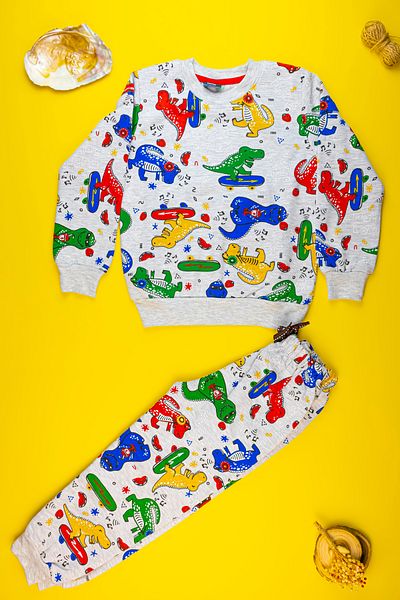 Yalçınoğlu Boy's Sweat Set - Thick Character Pattern and Dinosaur Detail