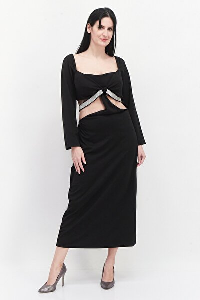 Yaura Women Plus Size Cut Out Crystal Strap Maxi Dress, Black