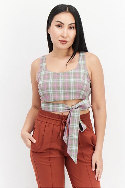 Lola May Women U-neckline Wrap Around Tie Plaid Crop Top, Purple