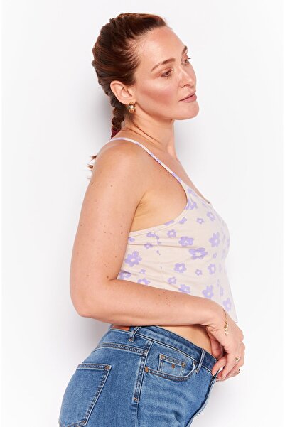 Daisy Street Women Square Neck Sleeveless Allover Pattern Tank Top, Purple