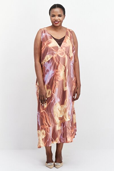 ASOS فستان نسائي متوسط الطول بطبعة منحنيات متعددة، بني