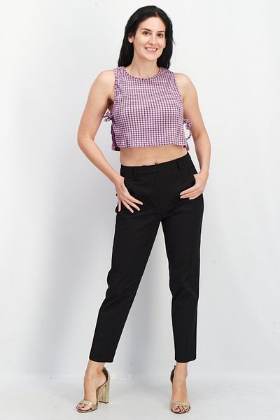 Asos Design Women Round Neck Sleeveless Checkered Crop Top, Purple