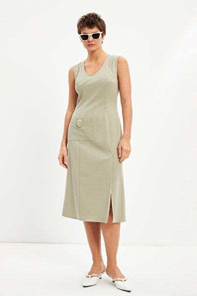 STELLA PULVIS Yeşil U Yaka Yırtmaçlı Kolsuz Kalın Midi Elbise