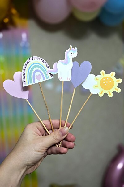 PEKSHOP Gökkuşağı Unicorn Tema Kürdan Süsleri Cupcake Süsleri Gökkuşağı Konse...