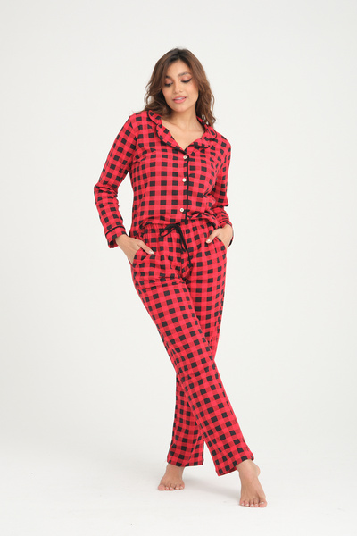 LİVE SPORT Metraj nyomott 100% pamut kötött pizsama szett piros kockás