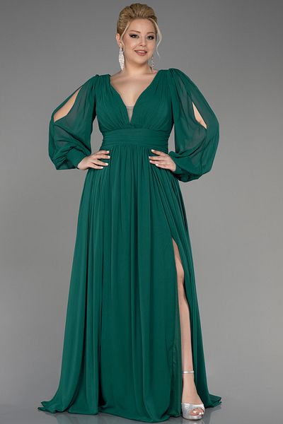 Abiyefon Emerald Green Long Sleeve Leg-Cut Chiffon Plus Size Evening Dress Abu1988