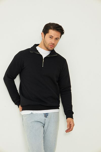 zürafa beneği Unisex Relax Fit Comfortable Cut Cotton Fleece Inside Half Zip Black Stand Collar Sweatshirt