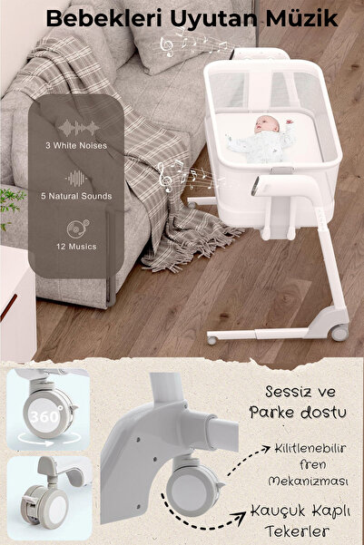 Kiwi Cozy Premium 3in1 Ağlamaya Duyarlı Anne Yanı Beşik, Park Yatak White Noise ile Kesintisiz Uyku