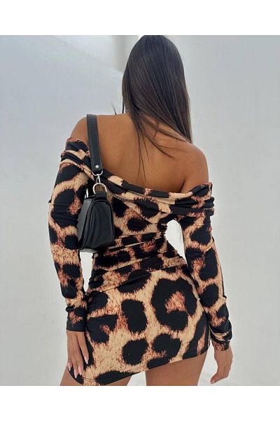 Kokosh moda Дамска мини рокля с шарена яка за кърпичка Мадона и леопардово принтиране
