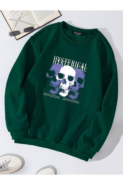 SOFTWAY Φούτερ Unisex Oversize - Crew Neck, Hystarigal Print, Σκούρο Πράσινο