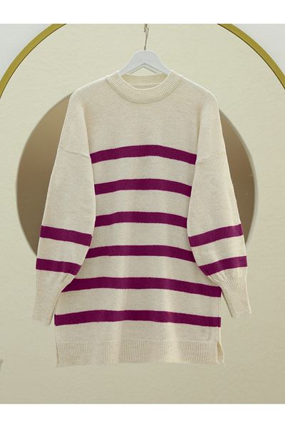 Modamorfo Round Neck Slit Knitwear Tunic -Fuchsia