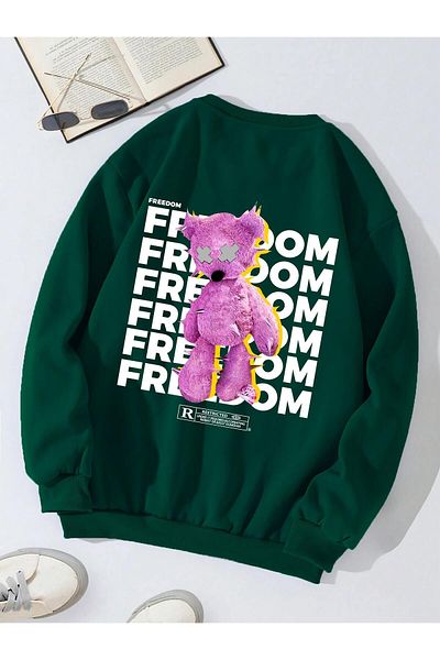 SOFTWAY Φούτερ Freedom Printed Unisex Oversize - Crew Neck, Σκούρο Πράσινο