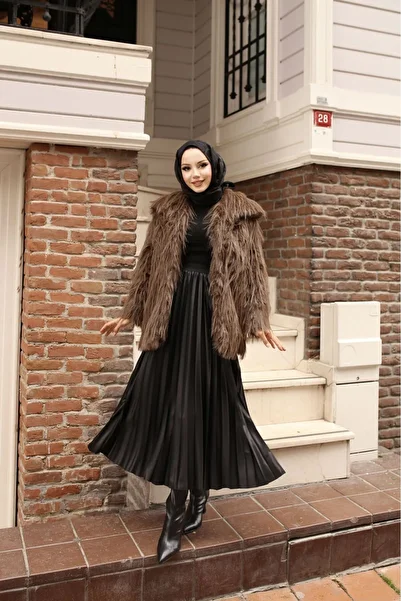 COFBUTİK Lined Inside Imported Faux Kipri Fur Hijab Women's Coat Brown