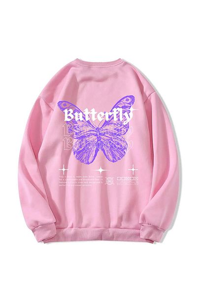 SOFTWAY Unisex Oversize Crew Neck Basic Φούτερ με στάμπα πεταλούδας - ΡΟΖ