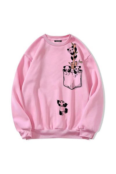 SOFTWAY ΡΟΖ Unisex Oversize Panda με στάμπα με λαιμόκοψη